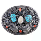 Patriotic Vintage Navajo Sterling, Turquoise, Coral, and Shell belt buckle - Estate Fresh Austin