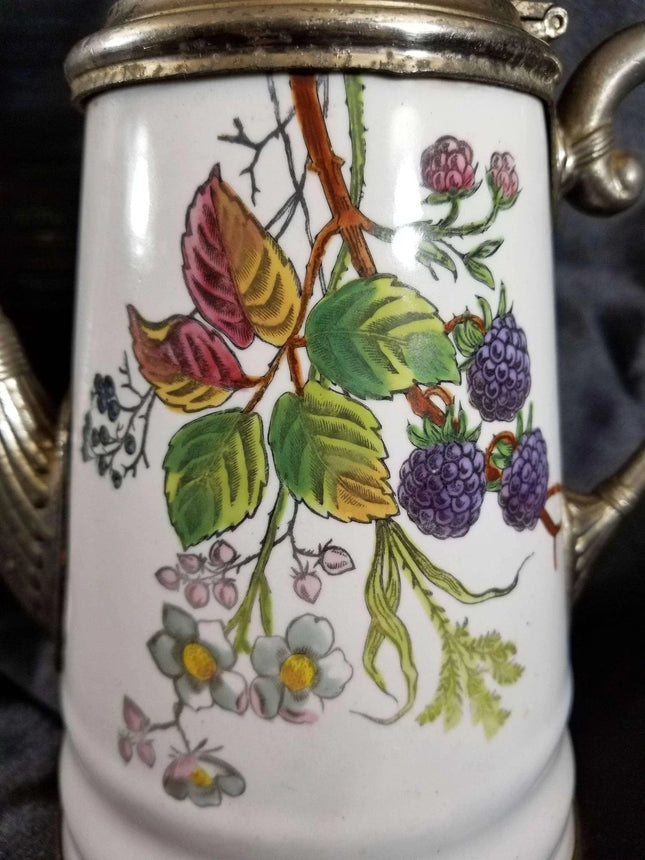 Pewter trimmed Graniteware Teapot with Berry Decoration c.1890 Manning bowman - Estate Fresh Austin