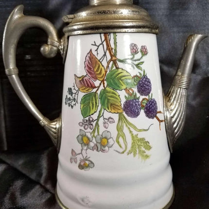 Pewter trimmed Graniteware Teapot with Berry Decoration c.1890 Manning bowman - Estate Fresh Austin