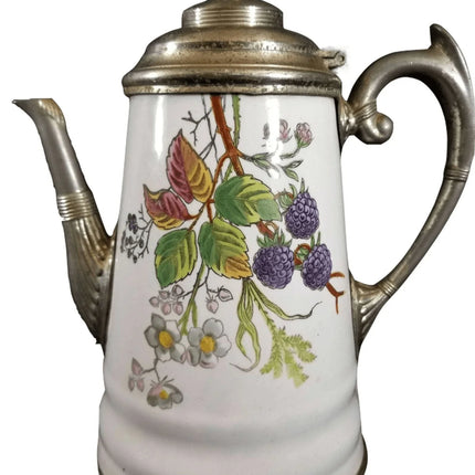 Pewter trimmed Graniteware Teapot with Berry Decoration c.1890 Manning bowman - Estate Fresh Austin