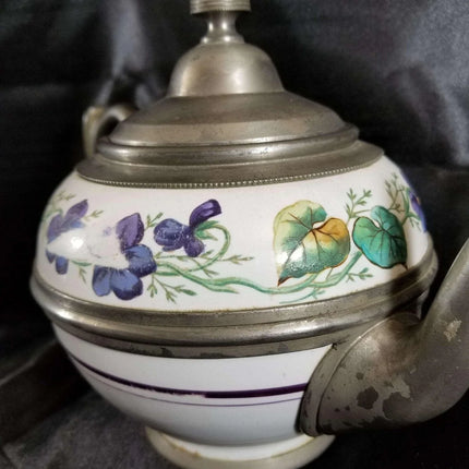 Pewter trimmed Graniteware Teapot with Flower decoration c.1890 - Estate Fresh Austin