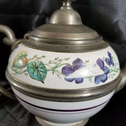 Pewter trimmed Graniteware Teapot with Flower decoration c.1890 - Estate Fresh Austin