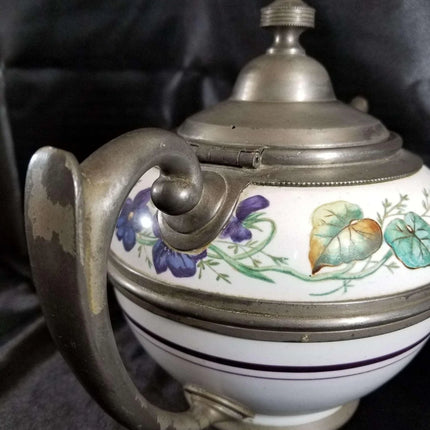 Pewter trimmed Graniteware Teapot with Flower decoration c.1890 - Estate Fresh Austin