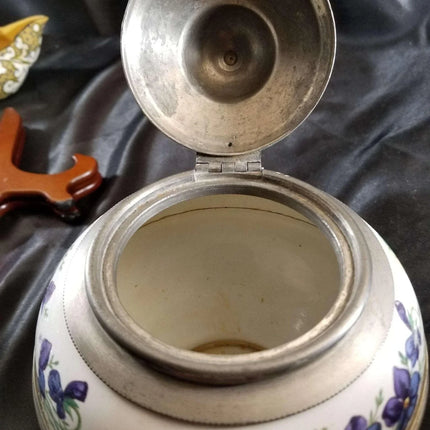 Pewter trimmed Graniteware Teapot with Flower decoration c.1890 - Estate Fresh Austin