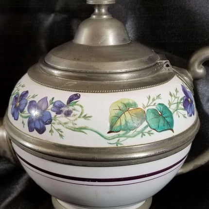Pewter trimmed Graniteware Teapot with Flower decoration c.1890 - Estate Fresh Austin
