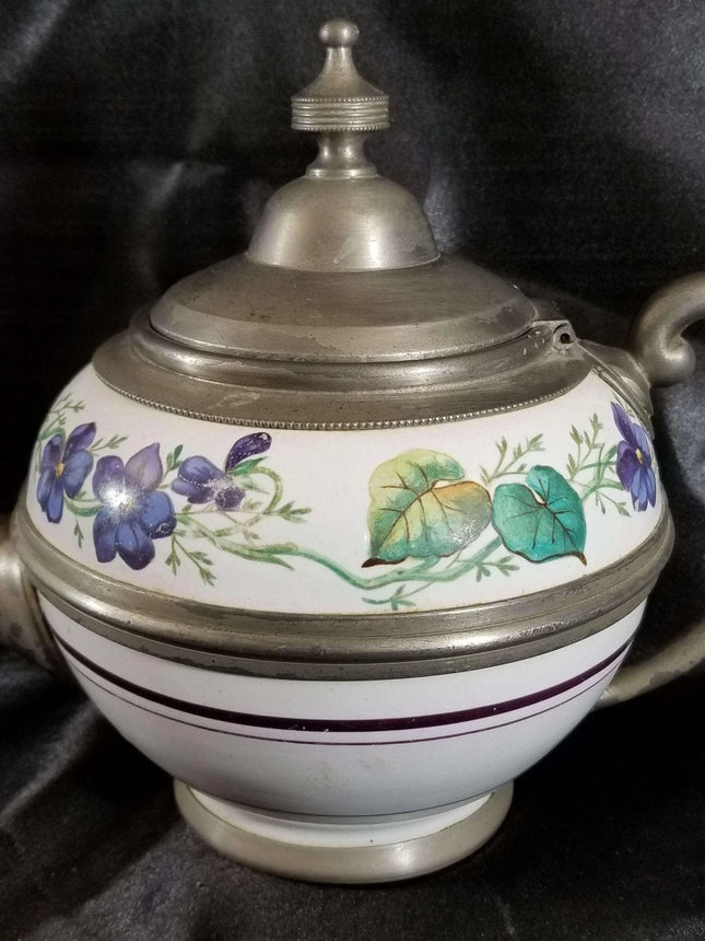 Pewter trimmed Graniteware Teapot with Flower decoration c.1890 - Estate Fresh Austin