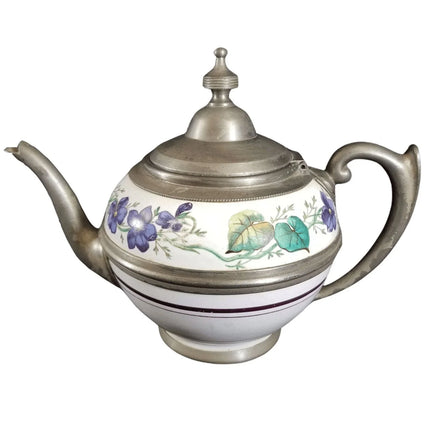 Pewter trimmed Graniteware Teapot with Flower decoration c.1890 - Estate Fresh Austin