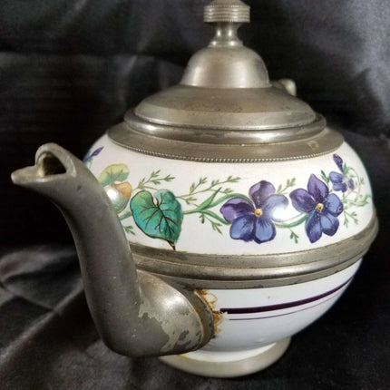 Pewter trimmed Graniteware Teapot with Flower decoration c.1890 - Estate Fresh Austin