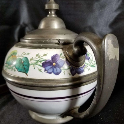 Pewter trimmed Graniteware Teapot with Flower decoration c.1890 - Estate Fresh Austin