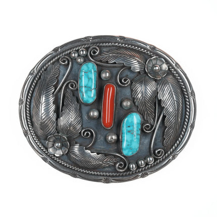 Phil Chapo Navajo silver, turquoise, and coral belt buckle - Estate Fresh Austin
