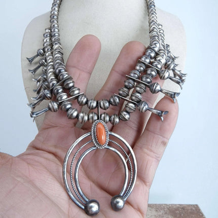 Phil Garcia Navajo Sterling and Coral Squash Blossom Necklace - Estate Fresh Austin