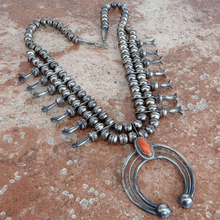 Phil Garcia Navajo Sterling and Coral Squash Blossom Necklace - Estate Fresh Austin