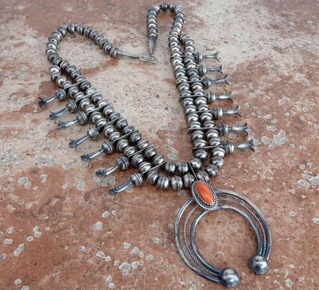 Phil Garcia Navajo Sterling and Coral Squash Blossom Necklace - Estate Fresh Austin