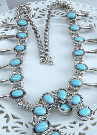 Philbert Secatero Navajo Sterling and Turquoise Squash Blossom Necklace - Estate Fresh Austin