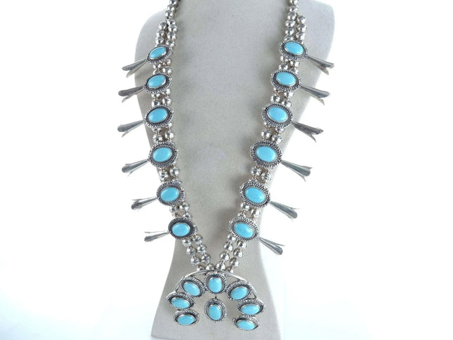 Philbert Secatero Navajo Sterling and Turquoise Squash Blossom Necklace - Estate Fresh Austin
