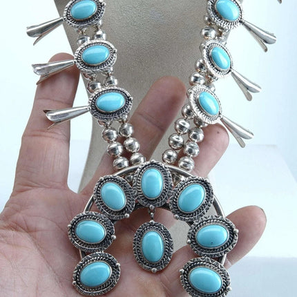 Philbert Secatero Navajo Sterling and Turquoise Squash Blossom Necklace - Estate Fresh Austin