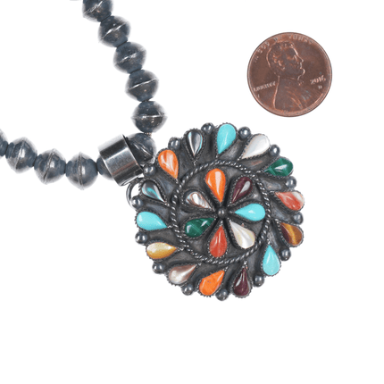 Phyllis Coonsis Zuni multi - stone/shell sterling pendant/beaded necklace - Estate Fresh Austin