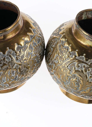 Pr Antique Asian Brass Vases with ornate Repousse work - Estate Fresh Austin