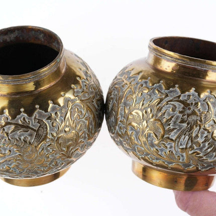 Pr Antique Asian Brass Vases with ornate Repousse work - Estate Fresh Austin