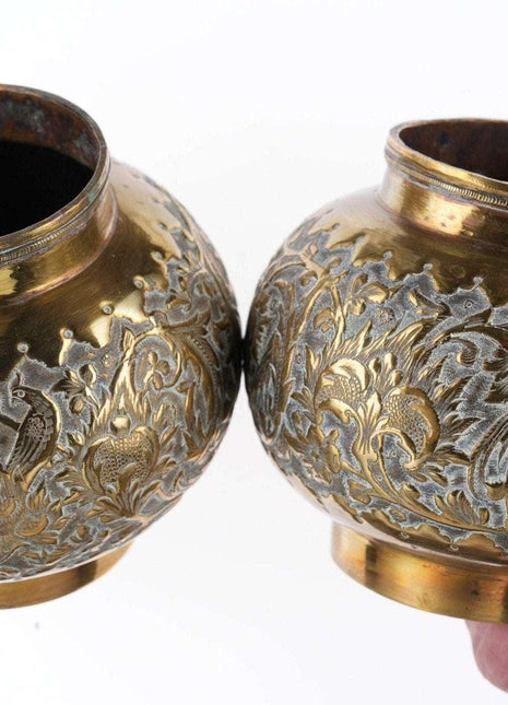 Pr Antique Asian Brass Vases with ornate Repousse work - Estate Fresh Austin