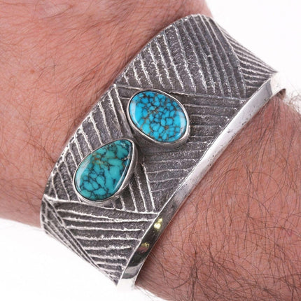 Preston Monongye (Hopi) (1927 - 1987) Tufa Cast Silver Spiderweb turquoise bracele - Estate Fresh Austin