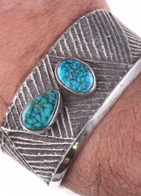 Preston Monongye (Hopi) (1927 - 1987) Tufa Cast Silver Spiderweb turquoise bracele - Estate Fresh Austin