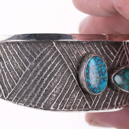 Preston Monongye (Hopi) (1927 - 1987) Tufa Cast Silver Spiderweb turquoise bracele - Estate Fresh Austin