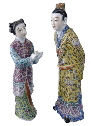 Qing c1880 Chinese Famille Rose Man and Woman serving tea Figures - Estate Fresh Austin