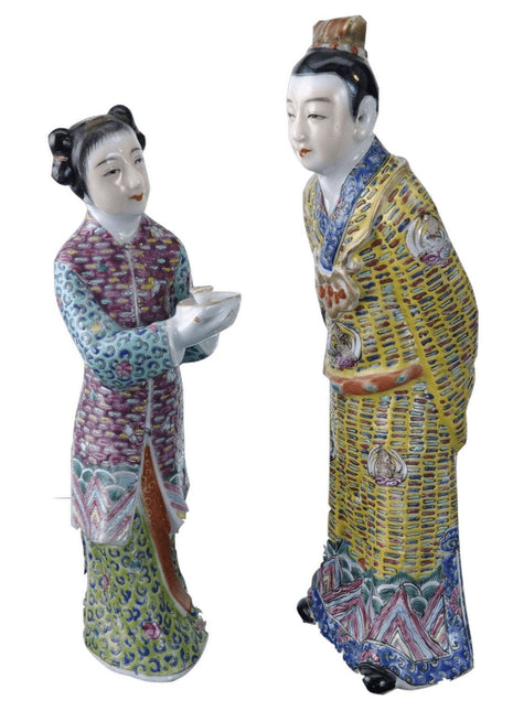 Qing c1880 Chinese Famille Rose Man and Woman serving tea Figures - Estate Fresh Austin