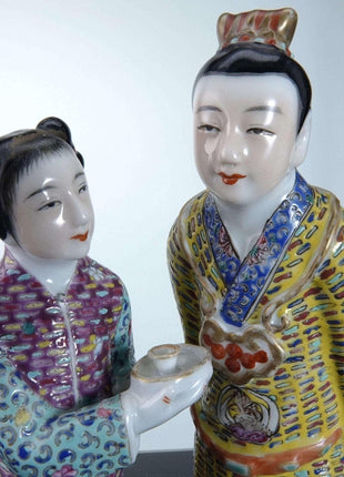 Qing c1880 Chinese Famille Rose Man and Woman serving tea Figures - Estate Fresh Austin