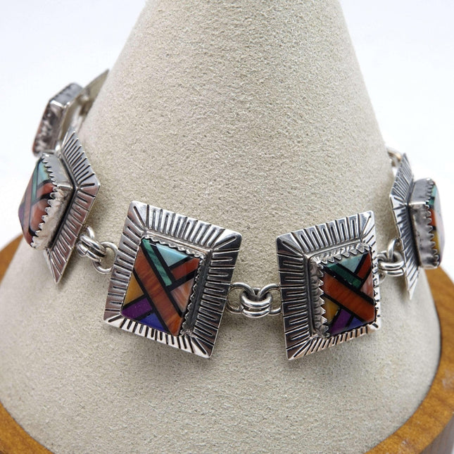 QT Sterling Navajo Southwestern shop inlaid sterling link bracelet - Estate Fresh Austin