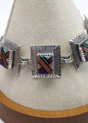 QT Sterling Navajo Southwestern shop inlaid sterling link bracelet - Estate Fresh Austin