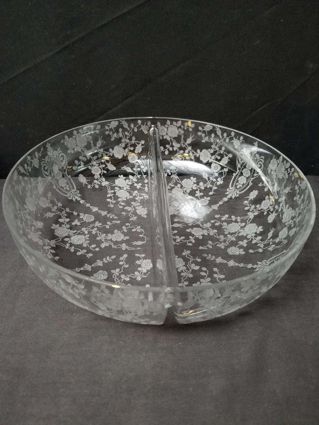 Rare Cambridge Rose Point Blown Divided Bowl 9 5/8" wide x 2.75" deep c.1940 Thi - Estate Fresh Austin