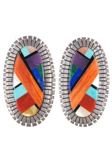 Ray Jack Navajo Sterling multi - stone intarsia inlay clip - on earrings - Estate Fresh Austin