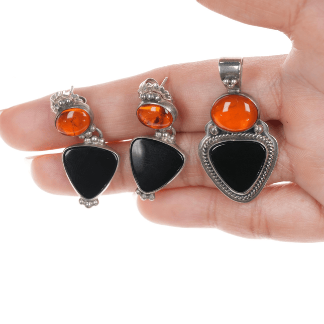 Raymond/Geneva Apachito Onyx Earrings and pendant set - Estate Fresh Austin