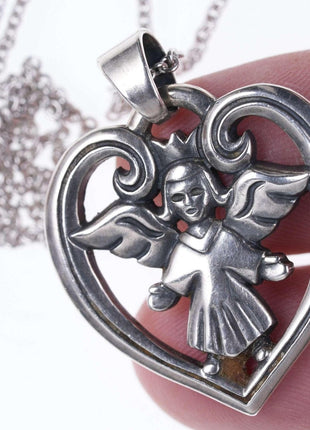 Retired James Avery Sterling guardian angel heart pendant on 18" necklace - Estate Fresh Austin