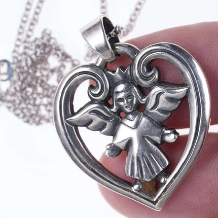 Retired James Avery Sterling guardian angel heart pendant on 18" necklace - Estate Fresh Austin