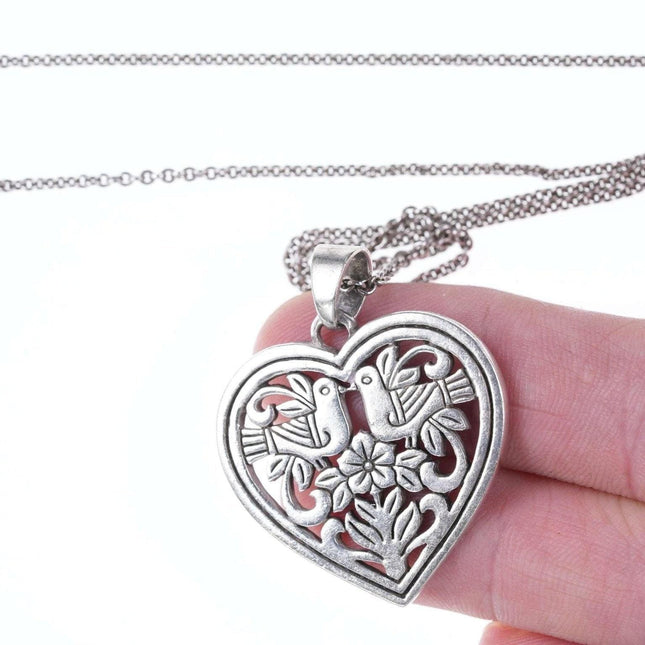 Retired James Avery Sterling Heart with doves pendant on 16" necklace - Estate Fresh Austin