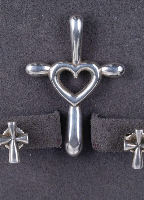 Retired James Avery Sterling silver Cross with Heart pendant and Cross stud earr - Estate Fresh Austin