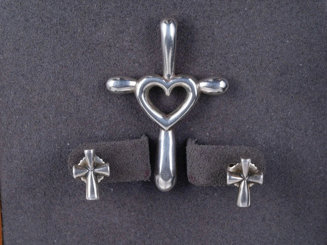 Retired James Avery Sterling silver Cross with Heart pendant and Cross stud earr - Estate Fresh Austin