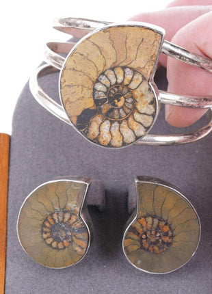 Retro AIS Southwestern Sterling silver Sea fossil cuff bracelet and earrings - Estate Fresh Austin