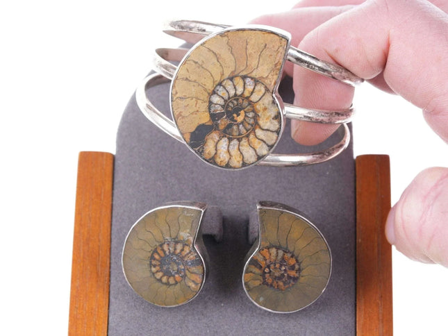 Retro AIS Southwestern Sterling silver Sea fossil cuff bracelet and earrings - Estate Fresh Austin