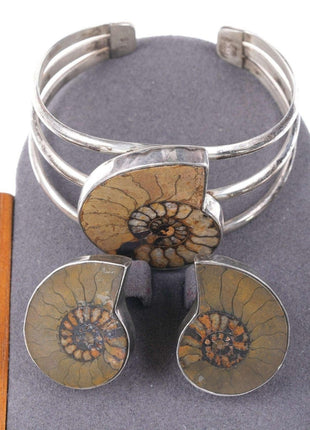 Retro AIS Southwestern Sterling silver Sea fossil cuff bracelet and earrings - Estate Fresh Austin