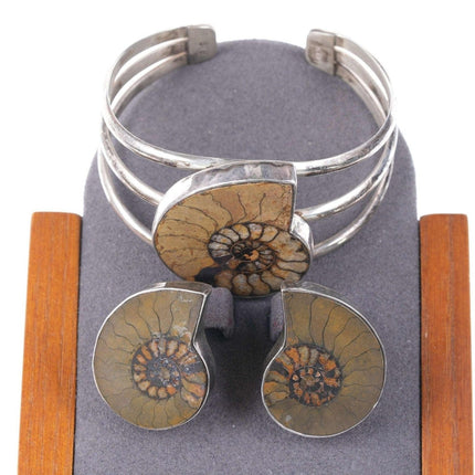 Retro AIS Southwestern Sterling silver Sea fossil cuff bracelet and earrings - Estate Fresh Austin