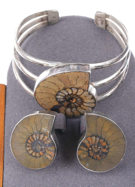 Retro AIS Southwestern Sterling silver Sea fossil cuff bracelet and earrings - Estate Fresh Austin