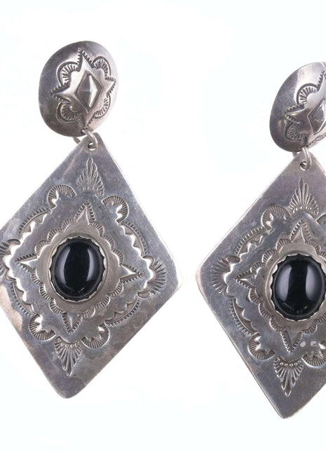 Retro Ben Shiley Navajo stamped silver and onyx earrings - Estate Fresh Austin