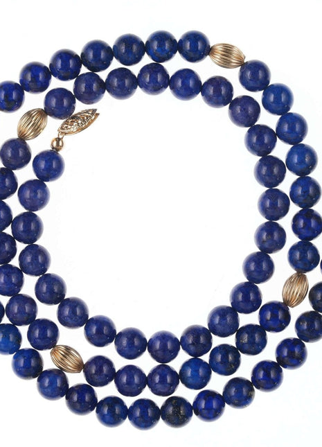 Retro Chinese 14k gold 26" long Lapis Lazuli beaded necklace - Estate Fresh Austin