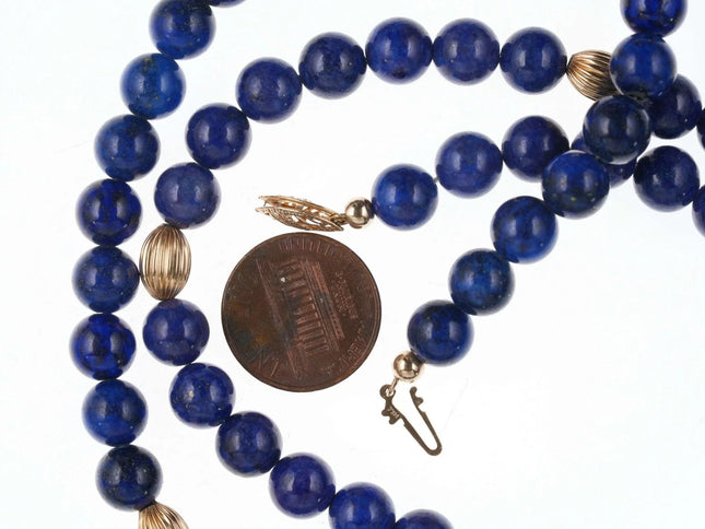 Retro Chinese 14k gold 26" long Lapis Lazuli beaded necklace - Estate Fresh Austin