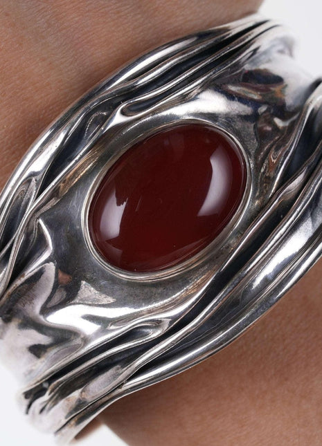 Retro Dominique Dinouart Mexico Sterling Silver & Red Carnelian Wide Modernist S - Estate Fresh Austin