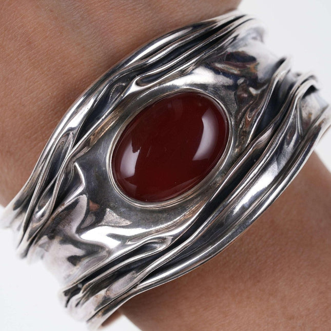 Retro Dominique Dinouart Mexico Sterling Silver & Red Carnelian Wide Modernist S - Estate Fresh Austin